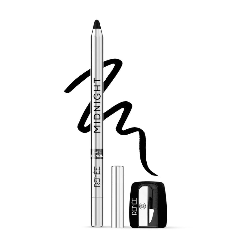 RENEE Midnight Kohl Kajal Pencil - Waterproof, Smudgeproof With Sharpener - 24 Hours Long Stay - Darkest Black - One Swipe Application - Vitamin E, Olive Oil and Castor Oil - 1.5 Gm, Matte Finish