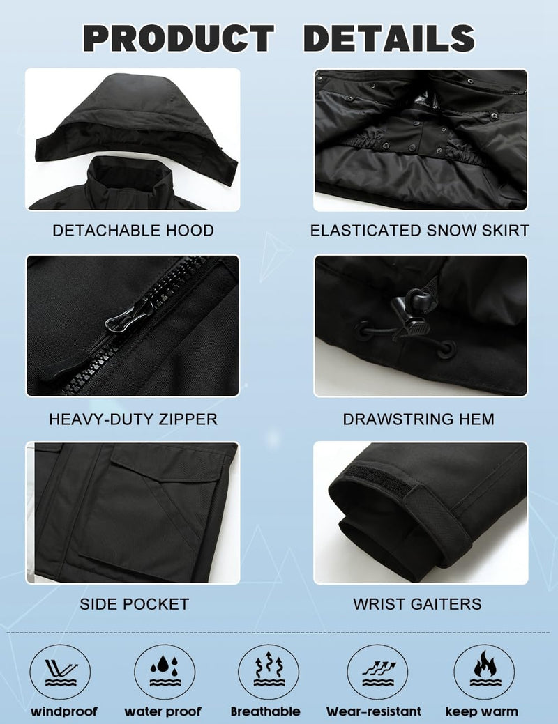 HOUZONIY Men's Ski Suit Snowsuit Breathable Windproof Snow Trousers Snow Jacket with Removable Hood for Skiing Snowboarding Ski Suit