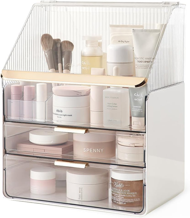 Kousee Makeup Storage Organizer, Large Skincare Organizers Cosmetic Display Case with Lid,Lipstick Organizer and Transparent Cover, Makeup Box for Bedroom Vanity Desk Countertop Bathroom -White
