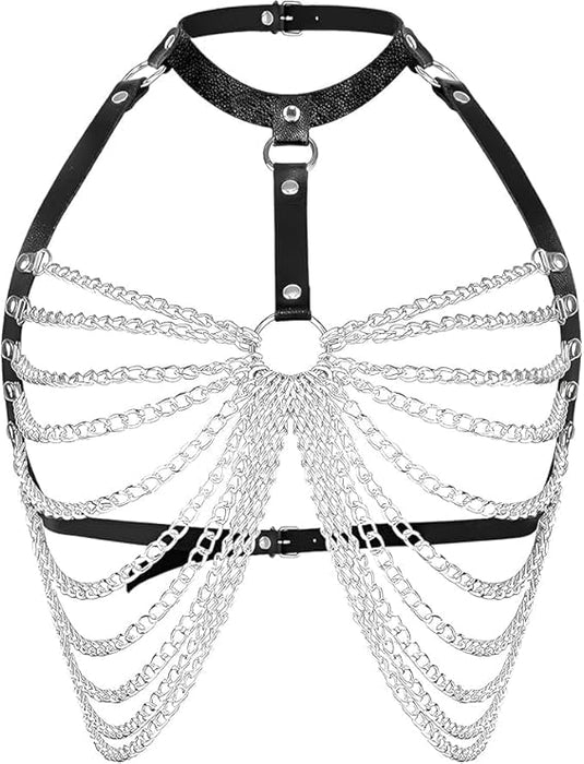 Women's Punk Choker Layered Chest Chain Leather Belt Chain Body Harness Bra Party Jewelry Accessories