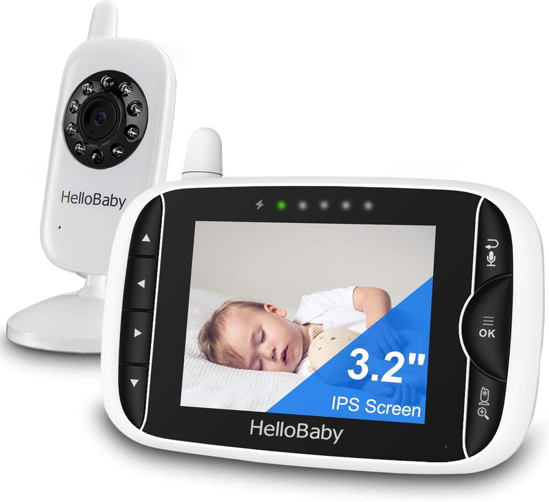 HelloBaby Baby Monitor Camera and Audio, 3.2 Inch Video Baby Monitor No WiFi,2-Way Talk, AUTO Night Vision, VOX Sound Activated Screen, Temperature Monitoring, 8 Lullabies and 1000ft Range,8 Languages