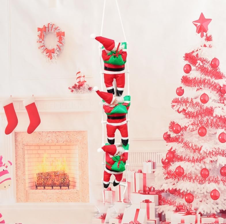 TAPIT Christmas Electric Santa Climbing Ladder, Climbing Up and Down Santa Claus Plush Doll on Ladder with Music and LED, Climbing Wall Holiday Party Home Door Xmas Tree Ornament (Red - Ladder)
