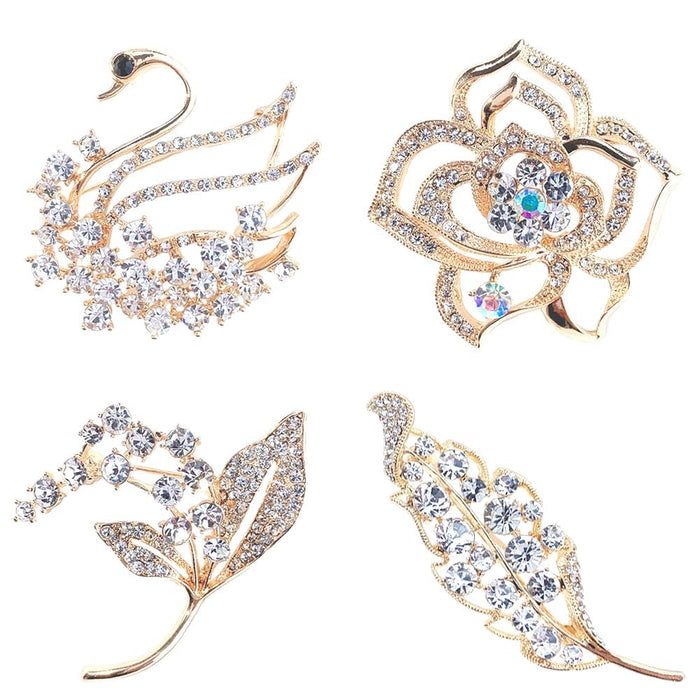 Azonee Brooch for Women, 4 PCS Brooch Flower Pins Rhinestone Fashion Brooch Elegant Leaf Brooches Jewellery Animal Pins for Women Clothes Collar Dress Scarf Shawl Decoration