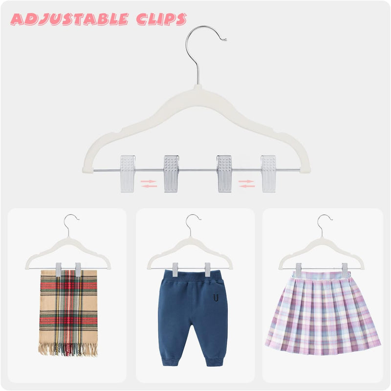 ManGotree 11.8'' Baby Velvet Hangers with Movable Clips, Non-slip Kids Clothes Hangers, Ultra-thin Space-saving Children's Felt Hangers for Shirts, Pants, Dresses, Skirts, Jackets (16 Pack, White)