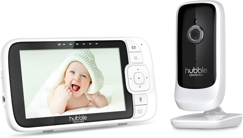 Hubble Nursery View Premium 5 Inch Video Baby Monitor with Room Temperature Sensor, Two Way Talk, Digital Zoom, Soothing Nature Sounds - White