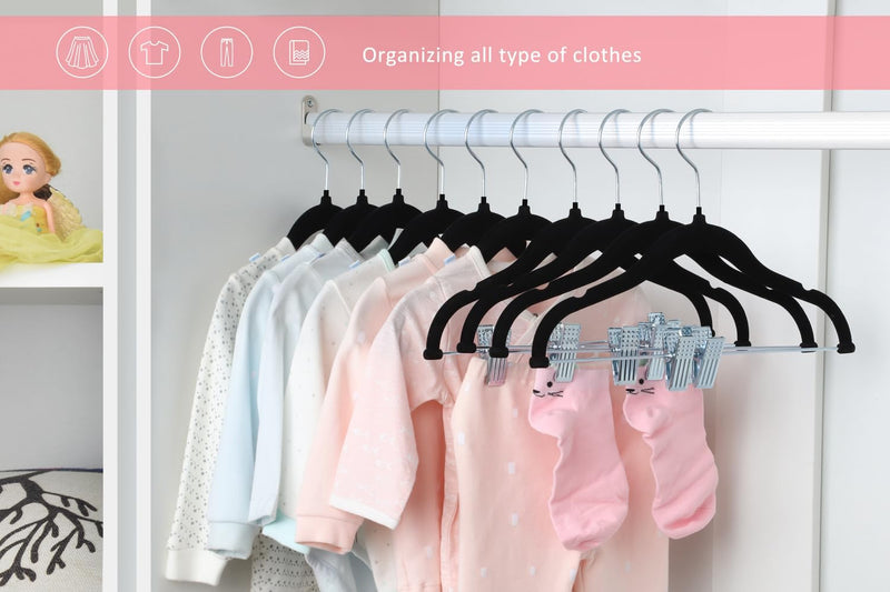 ManGotree 11.8'' Baby Velvet Hangers with Movable Clips, Non-Slip Kids Felt Hangers, Ultra-Thin Space-Saving Children's Clothes Hangers for Skirts, Pants, Dresses, Shirts, Jackets (7 Pack, Blue)