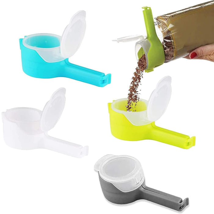 Uraoiac 4 Pack Food Storage Sealing Clips with Pouring Spouts, Bag Clips for Food, Kitchen, Chip Bag Clips, Plastic Cap Food Clips, Great for Organizing and Storing Food in the Kitchen