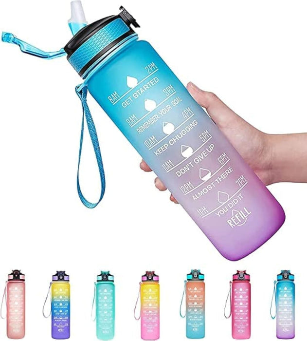 ECVV Motivational Large Water Bottle 1L Tritan Plastic Water Bottle With Time Markers, Leak Proof Water Bottle For Kids, School Water Bottles (MULTICOLOR)