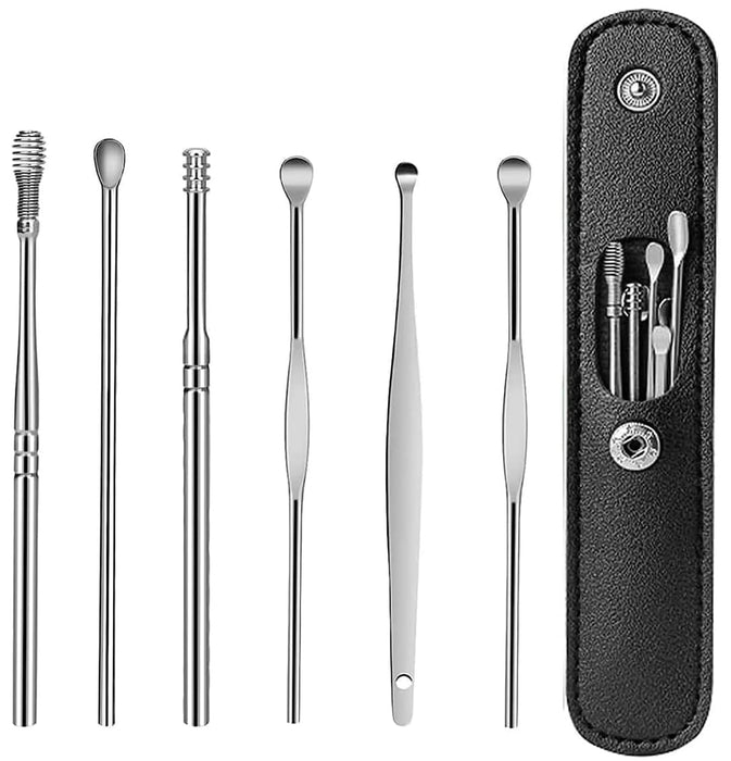 VELEGO 6 In 1 Ear Wax Removal Kit Ear Wax Removal Kit, 6Pcs Innovative Spring Earwax Cleaner Tool Set - Spiral Design Stainless Steel Ear Picks, Ear Cleaning Tool Set with Storage Box (Black)