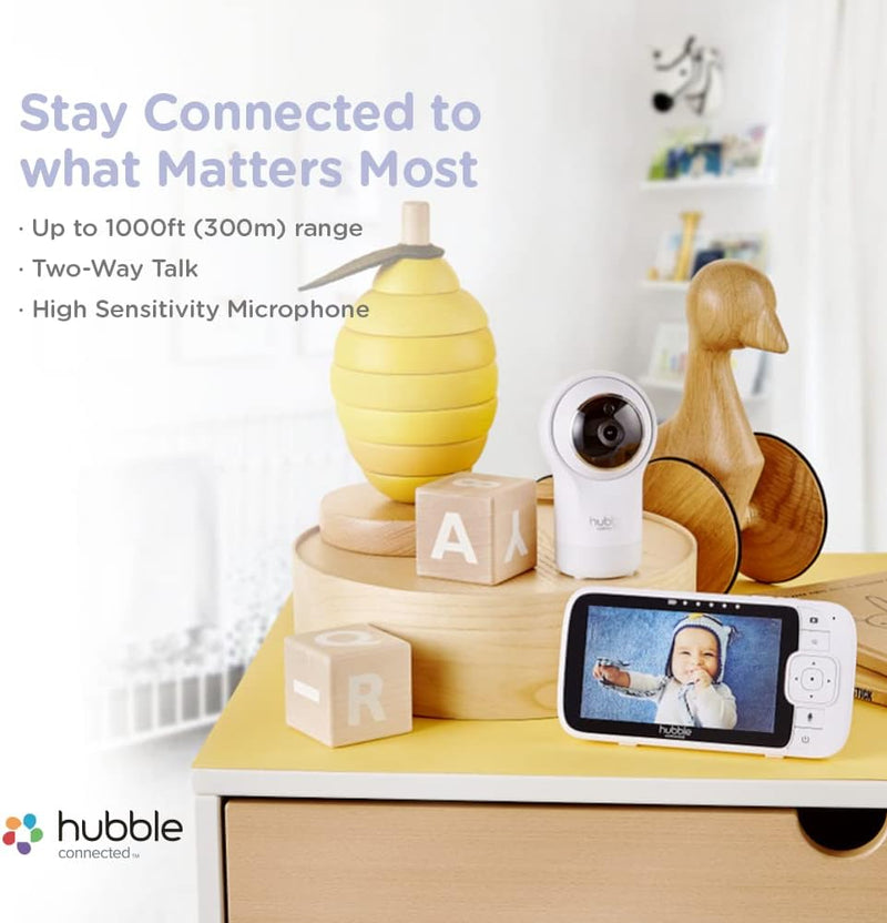 Hubble Nursery View Premium 5 Inch Video Baby Monitor with Room Temperature Sensor, Two Way Talk, Digital Zoom, Soothing Nature Sounds - White