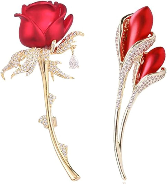 Excefore Rose Flowers Brooches Pins Women's Fashion Crystal Pins Tulip Brooch Alloy Rhinestone Leaf Brooch, Lapel Pins Dress Suit Bouquet Ceremony Accessories Jewelry, 2PCS