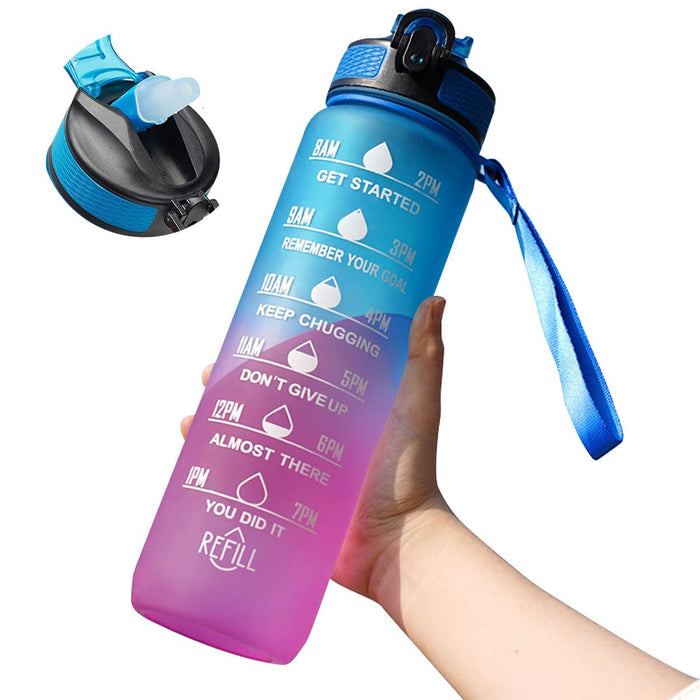 ECVV® 1L Motivational Water Bottle with Time Marker & Encourage Phrase - BPA Free, Leakproof Wide Mouth, Fast Flow Technology, Perfect for Daily Hydration(Blue Purple)
