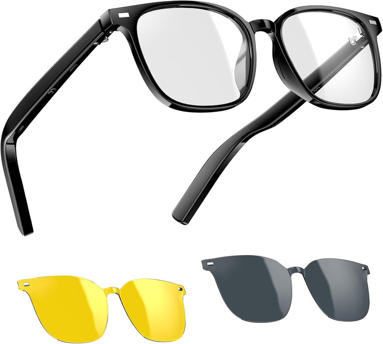 Azonee Smart Glasses with AI, Bluetooth 5.4 Glasses With Anti-Blue Lens, 2 Change Lenses, Voice Assistant Compatible Smart Sunglasses, AI Translator Glasses with 110+ Translation, Black