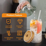 HOOJO Drinking Glasses with Bamboo Lids and Glass Straw 4pcs Set - 16oz Can Shaped Glass Cups, Iced Coffee Glasses, Cute Tumbler Cup, Ideal for Mocktails & Cocktails, Gift - 2 Cleaning Brushes (4)