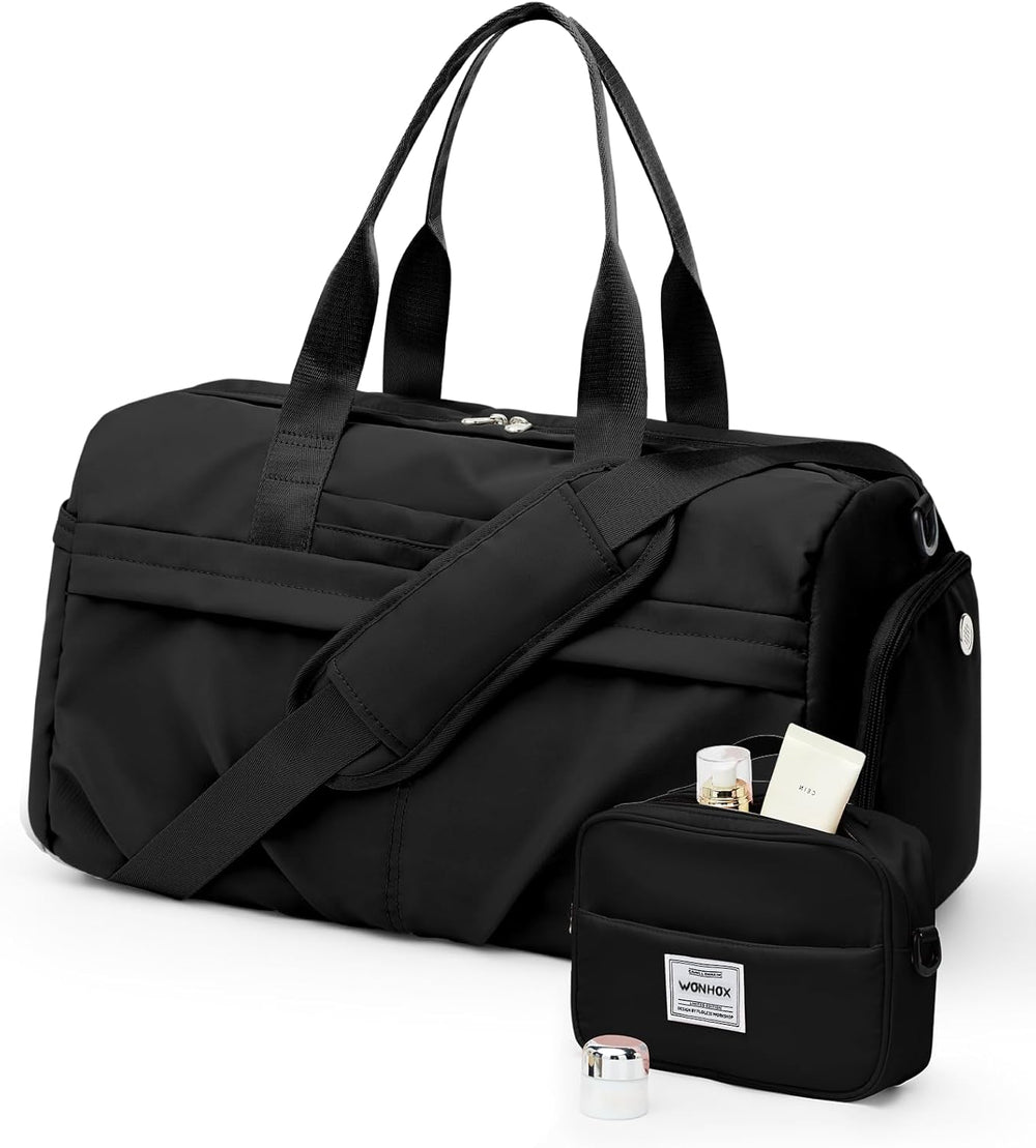Gym Bag for Women Men with Shoe Compartment, Sport Duffel Bag, Waterproof Travel Weekender Overnight Carry on Bag for Yoga with Trolley Sleeve, Black, A-Black, Shoe Compartment