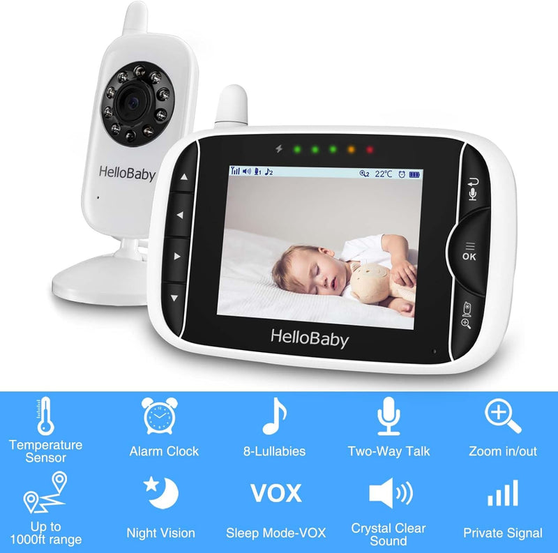 HelloBaby Baby Monitor Camera and Audio, 3.2 Inch Video Baby Monitor No WiFi,2-Way Talk, AUTO Night Vision, VOX Sound Activated Screen, Temperature Monitoring, 8 Lullabies and 1000ft Range,8 Languages