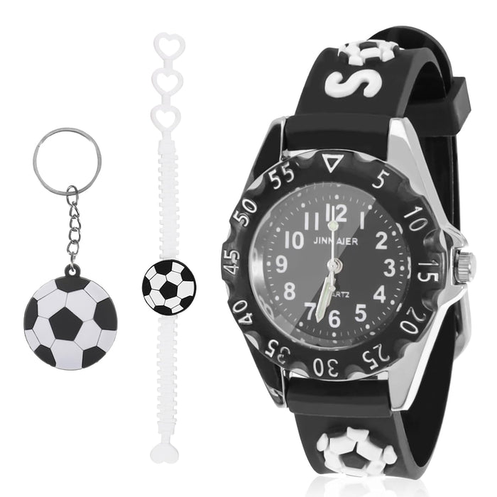 3 Pack Boys Watch With Football Keychain and Wristband Set, Black Toddler Watch Kids Watch Boys 3D Football Silicone Strap, Football Watch Watches for Boys Ages 5-7 Boys Watches For 7 Years Old,
