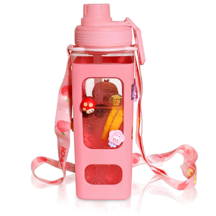 X spring Water Bottle for Girls, 700ml Portable Cute Kids Water Bottles with Straw, Large Capacity Square Drinking Bottle with Adjustable Shoulder Strap, Suitable for School and Travel Use