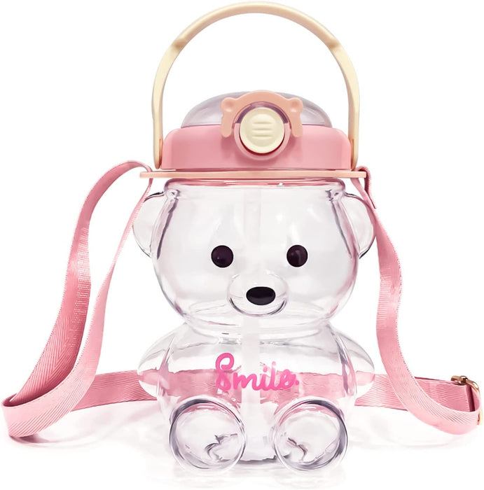 YHRY Kawaii Bear Water Bottle with Straw and Strap, Cute Water Bottles for Kids, Portable Leakproof BPA-free Drinking Cups for Girls Women Sports Camping Picnic Hiking Travel (Pink) (PINK)