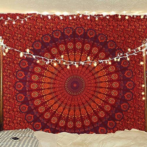 Bless International, Indian Wall Hanging Psychedelic Hippie Bohemian Peacock Mandala Tapestry Bed Sheet Gold Pink Blue King 225x265cm