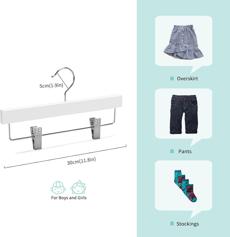 Nature Smile 11.8' Kids Baby Toddler Children Solid Wooden Pants Hangers,Wood Skirts Hangers,Trousers Bottom Hangers with 2-Adjustable Clips Anti-Rust Hook Pack of 10 (White)
