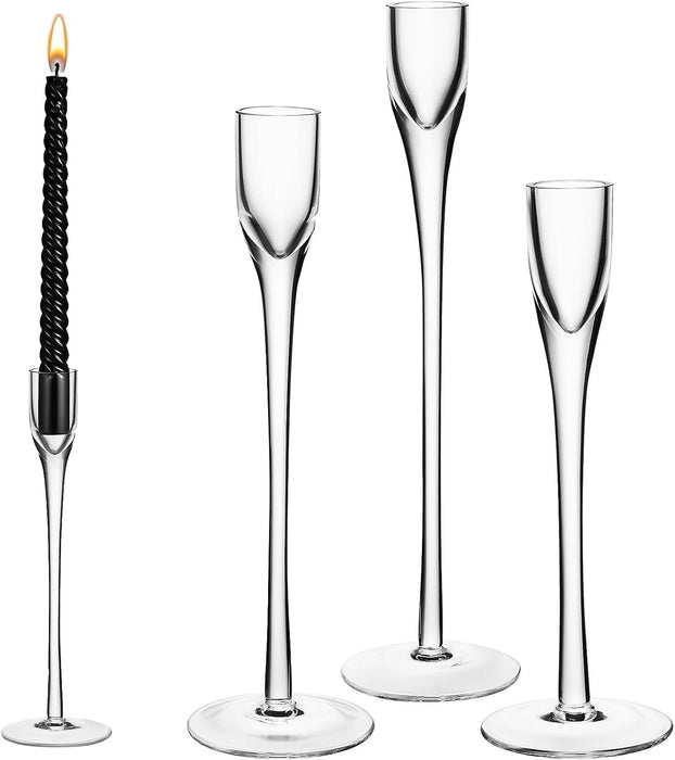 KASTWAVE Elegant Clear Glass Candle Holders Set of 3, Tall Taper Holders for Weddings, Parties, and Festive Table Centerpieces