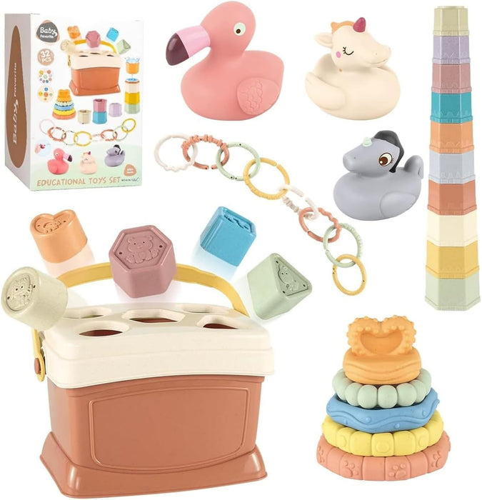 AM ANNA 5 in 1 Montessori Toys for Babies 6-48 Months,Stacking Cups,Rings Toy Links,Soft Stacking Rings,Blocks Set,Soft Animals Toys for Toddlers 1-3 Year Old Boys Girls Infant Bath Time
