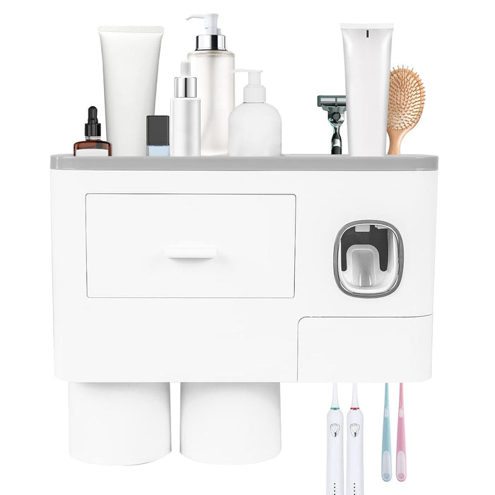 SKY-TOUCH 2 Cups Wall Mounted Toothbrush Holder, Multifunctional Space-Saving Toothbrush and Toothpaste Holder with Drawer for Cosmetics Organizer for Washroom and Bathroom