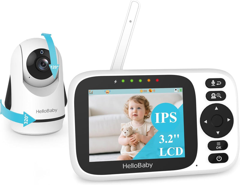 HelloBaby Baby Monitor Camera and Audio, 3.2 Inch Video Baby Monitor No WiFi,2-Way Talk, AUTO Night Vision, VOX Sound Activated Screen, Temperature Monitoring, 8 Lullabies and 1000ft Range,8 Languages
