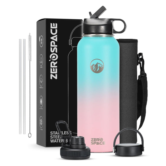 ZeroSpace Stainless Steel Water Bottle, 1200ml Insulated Water Bottle with Straw & Brush, BPA-Free Double Wall Vacuum Thermos Flask for Hot & Cold Drinks, Gym, Travel, Office & Kids (Green/Pink)