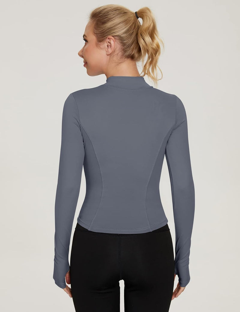IECCP Women's T-Shirt, Gym Top, Yoga Top, Long-Sleeved Crop Top, Sports Shirt, Lightweight Fitness Top with Half Zipper and Thumb Hole