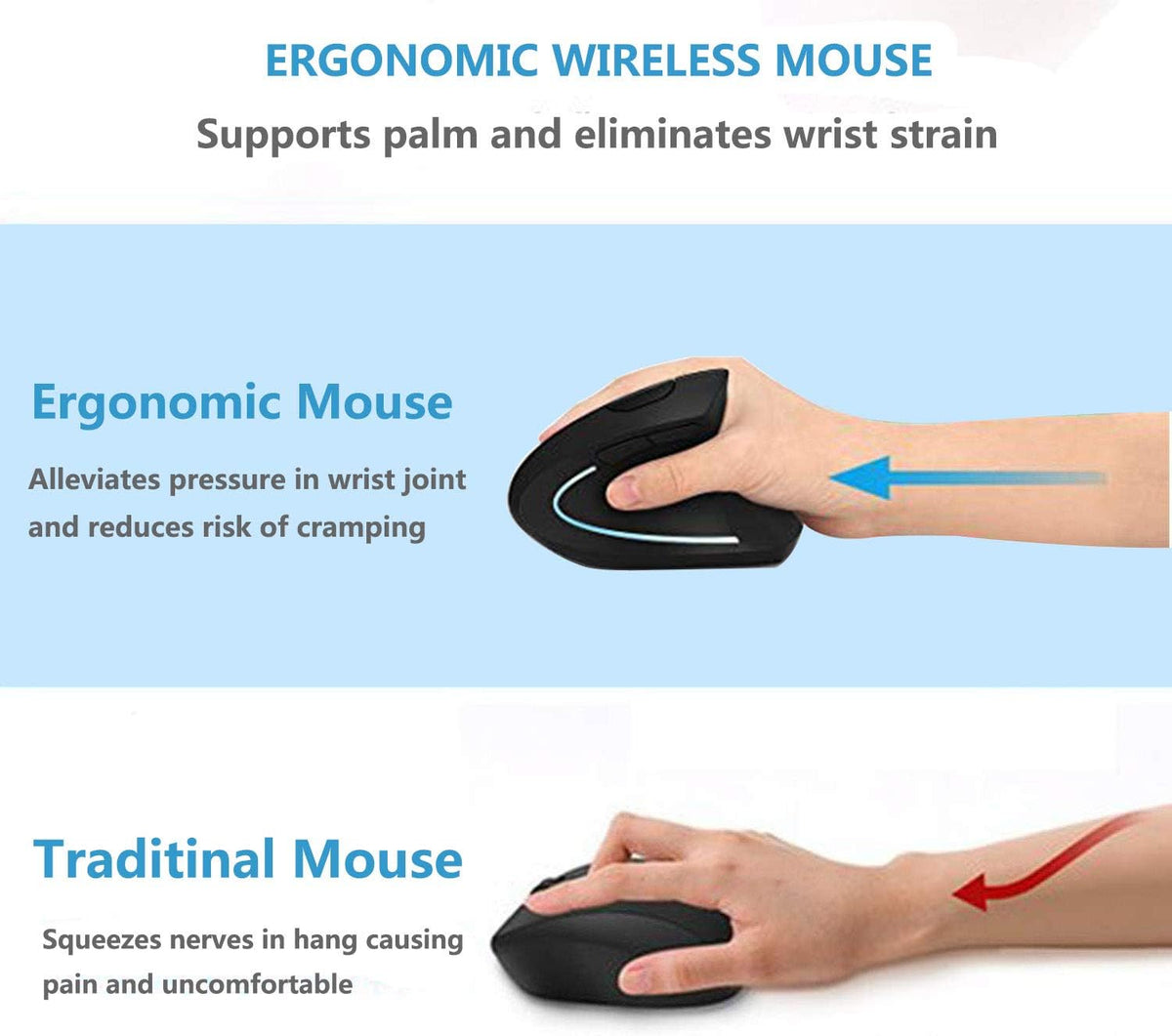 Microware Ergonomic Vertical Wireless Mouse, Rechargeable 2.4G USB Wireless Vertical Ergonomic Mouse, 800/1200 /1600 DPI, for Laptop, Desktop, PC, Computer, Notebook - Black – image 1