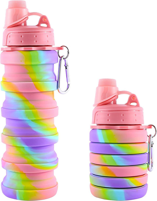 Collapsible Folding Water Bottles for Kids, Students, Adults, Reusable BPA Free Silicone Foldable Sports Water Bottles for Travel Camping Hiking, Pink