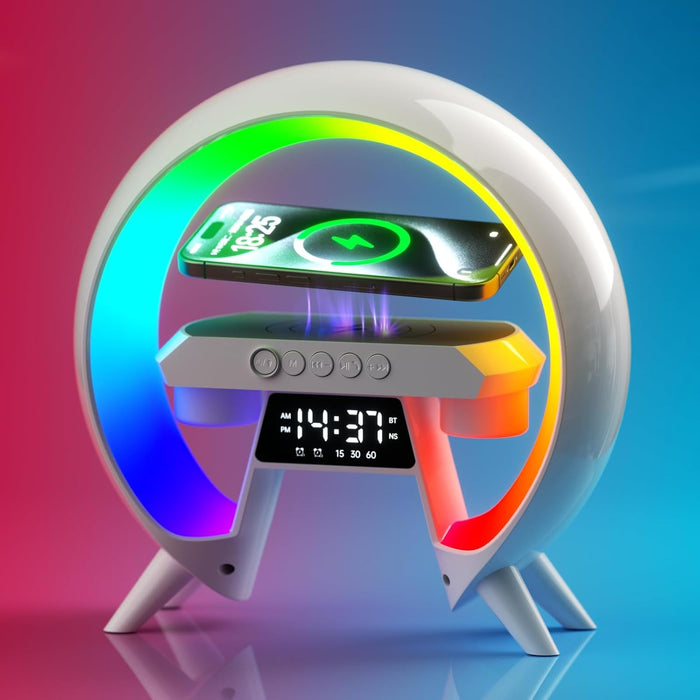 KASTWAVE Atmosphere Lamp, with 15W Wireless Charger LED Alarm Clock Smart Table Lamp, with Bluetooth Speaker & Iridescent Running Lights, Atmosphere Light for Adults Kids Office Bedroom Gift
