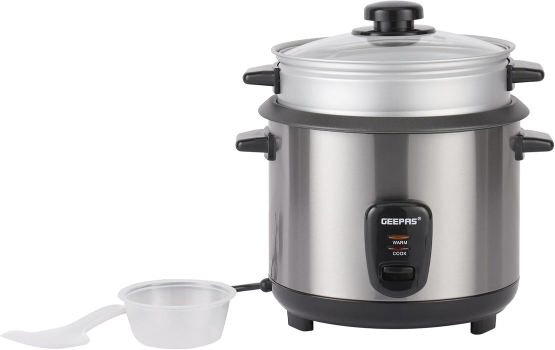 Geepas 1.8 L Multifunctional Rice Cooker- GRC35041| Durable Construction with Removable and Non-Stick Inner Pot with Cool Touch Handle|Aluminum Outer Steamer and Measuring Cup