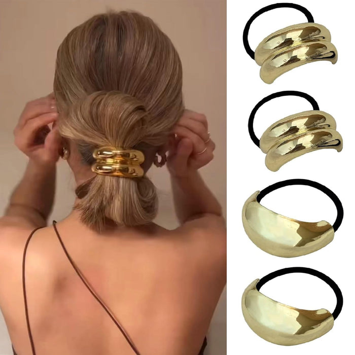 4PCS Metal Hair Ties,Metal Geometric Elastic Hair Ties,Ponytail Hair Cuff,Gold Hair Ties,Gold Hair Cuff Wrap Hair Ties for Thick Hair Gold Ponytail Cuff Elastic Hair Ties for Women Hair Accessories