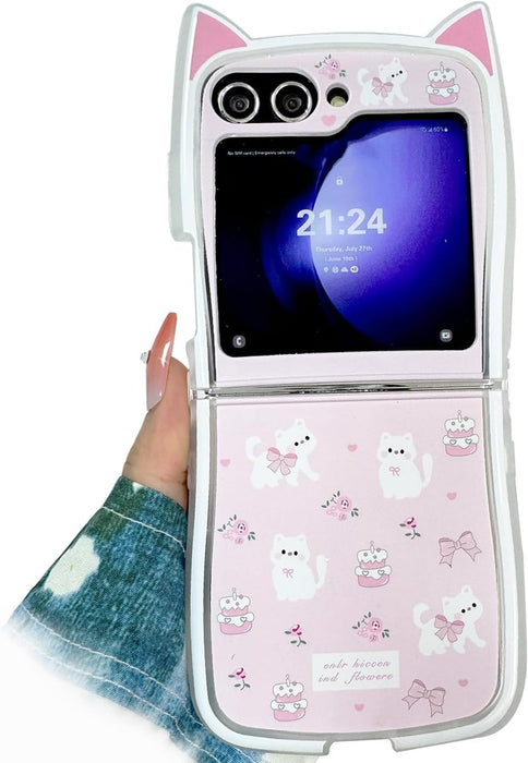 Cat Ears Case for Galaxy Z Flip 6, Azonee Kawaii Cute Cartoon TPU Cover, Soft & Creative Kitty Design, Pink Girly Fun Case for Girl