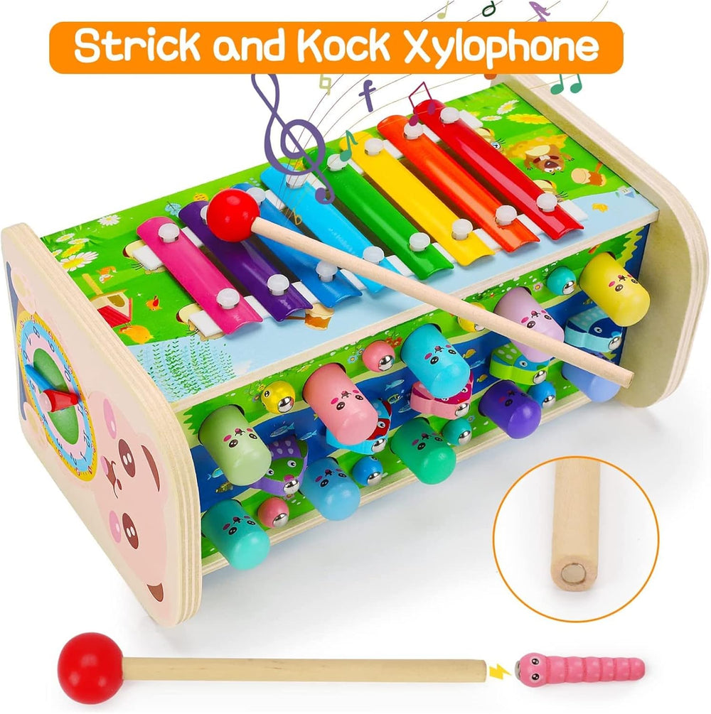 AM ANNA 7 in 1 Hammering Pounding Toys, Wooden Montessori Educational Fishing Game Xylophone Toys for 1 2 3 Year Old, Baby Sensory Developmental Fine Motor Skills Toddler Activities Age 1-4 Gifts