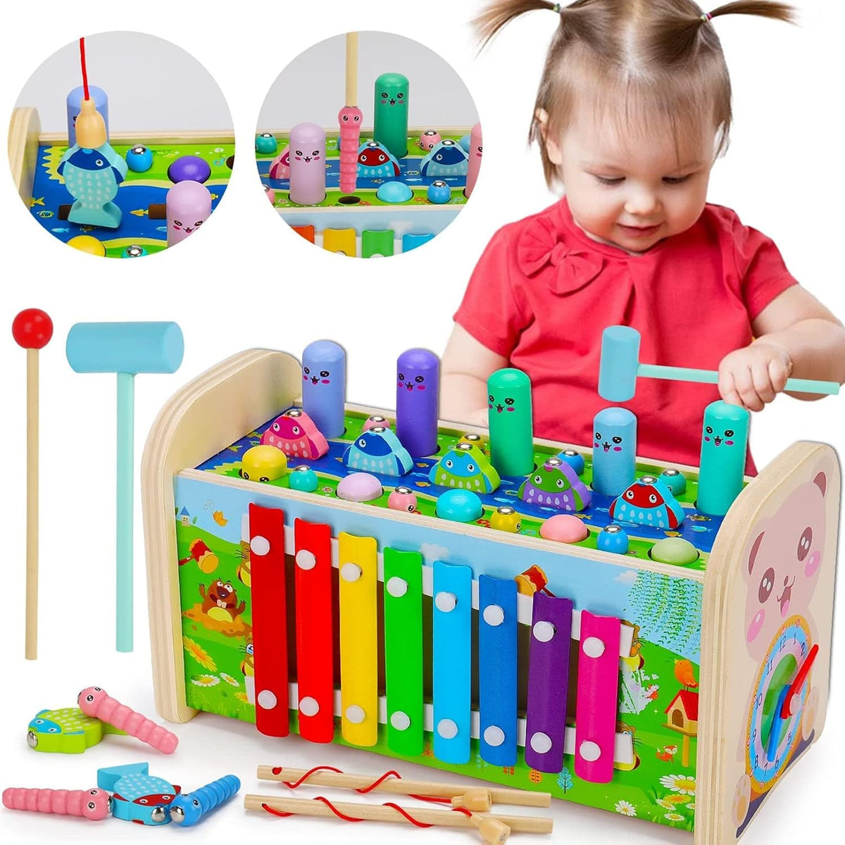 AM ANNA 7 in 1 Hammering Pounding Toys, Wooden Montessori Educational Fishing Game Xylophone Toys for 1 2 3 Year Old, Baby Sensory Developmental Fine Motor Skills Toddler Activities Age 1-4 Gifts – image 1