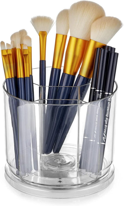 KASTWAVE Makeup Brush Holder Organizer, 360 Rotating Makeup Brush Holder Organizer, Dustproof Cosmetic Brush Storage Organizer, Round Make up Brush Stand with 5 Slots, for Cosmestics (Clear)