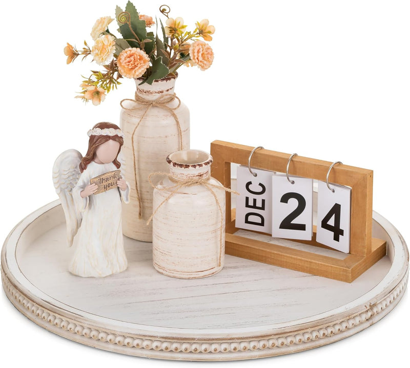 Hanobe Decorative Serving Tray Wood: White Washed Bead Round Tray Decor for Coffee Table Rustic Wooden Trays Farmhouse Centerpiece for Living Room Kitchen Counter