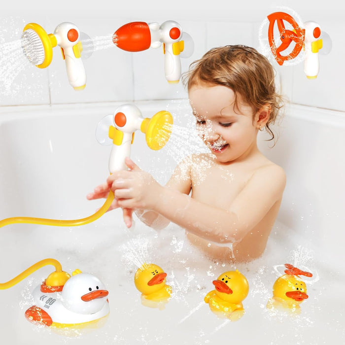 KASTWAVE Bathtub Toys for Kids, Multifunctional Toddlers Shower Sprayer, Yellow Duck Bath Toys with 3 Bath Ducks & 4 Toddlers Shower Sprayer, Water Toys Shower Head
