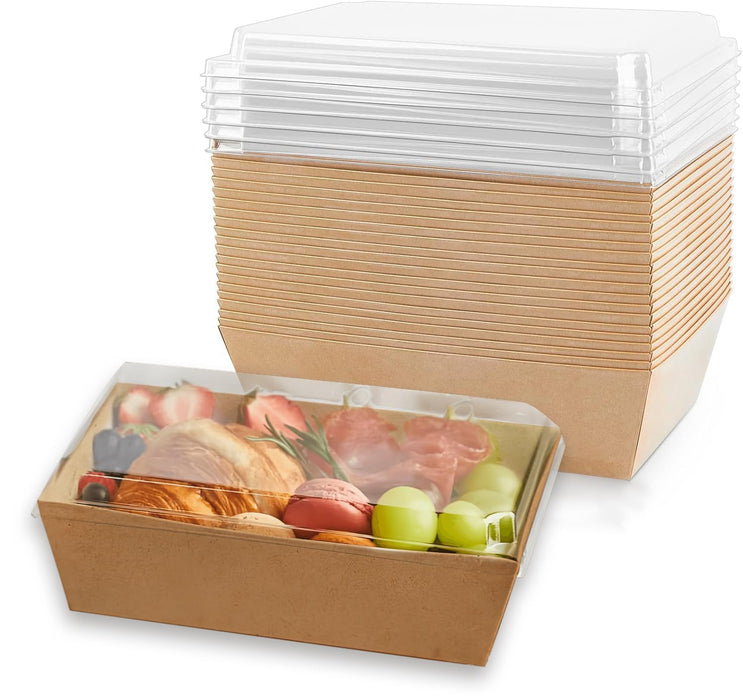 Tazweeq 20 Pack Charcuterie Boxes with Clear Lids, Disposable Paper Bakery Boxes, Food Containers to Go for Strawberries, Cupcakes, Pizza, Donuts, Party, Wedding, Outdoors and Home Use (19*8.5*6.5cm)