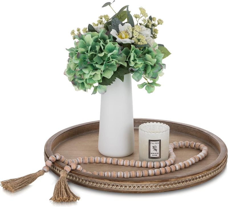 Hanobe Decorative Serving Tray Wood: White Washed Bead Round Tray Decor for Coffee Table Rustic Wooden Trays Farmhouse Centerpiece for Living Room Kitchen Counter