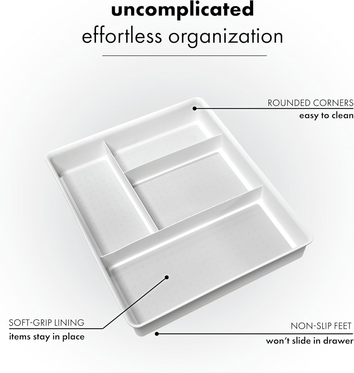 Madesmart Classic 4-Compartment Drawer Organizer Gadget Tray, Plastic Multipurpose Storage Bin for Drawers, White – image 3