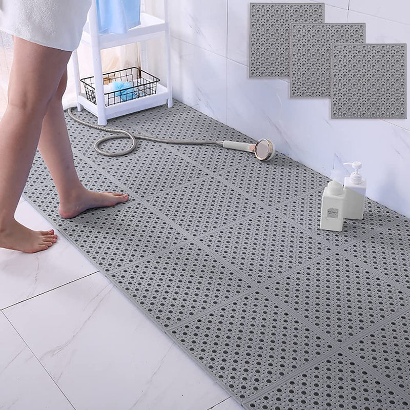 JJONE 3PCS Bath Mat, Non Slip Shower Mat, Bathroom Mats Bathroom Rugs, Interlocking Soft PVC Floor Mats, DIY Floor Mat with Drain Holes for Home Kitchen Bathroom Shower Pool Balcony (A-Light Grey)