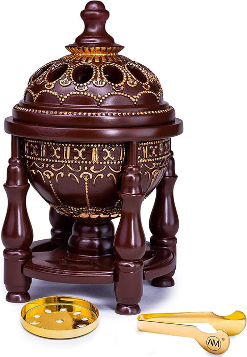 AM Charcoal Incense Burner - Bakhoor Burner, Oud Frankincense Resin Burner - for Office & Home Decor - Lavish 4 Pillar Black