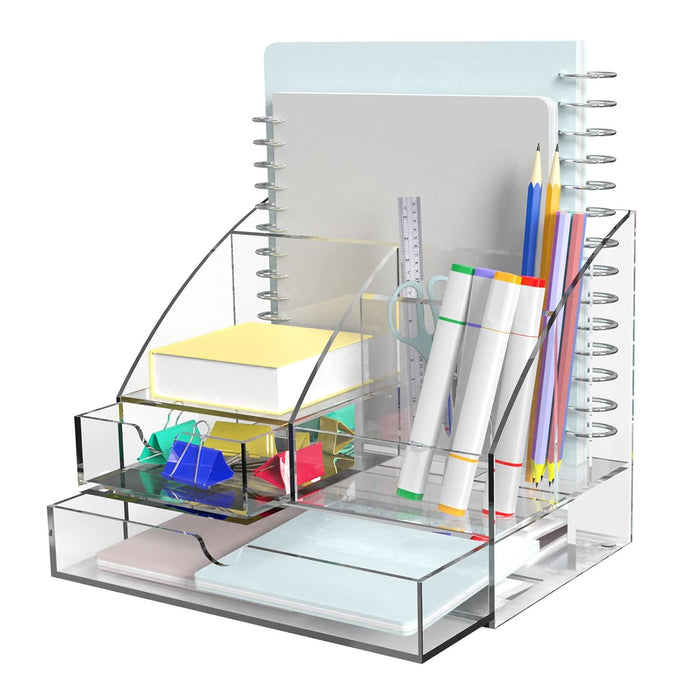 Banshou Upgraded Desk Organizer Office Accessories, Acrylic-Functional Desk Organizer with 5 Compartments and 2 Drawer for Home, Office, School, Workshop, kitchen (Clear)