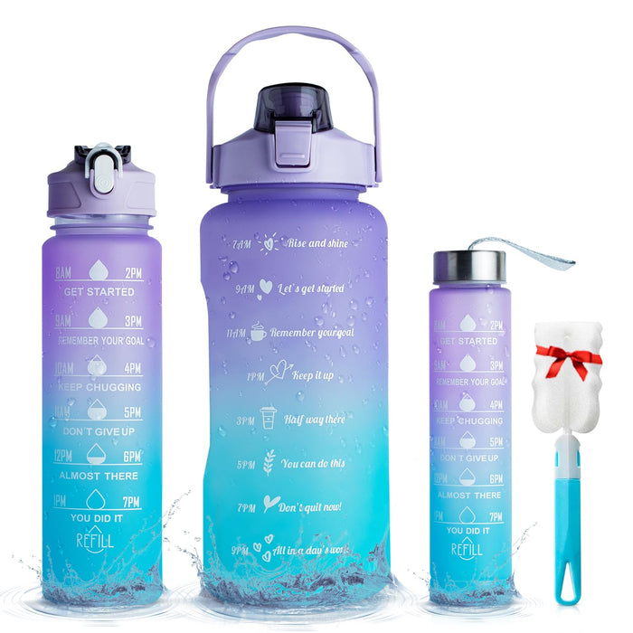 BPA 3 Pack Sport Healthy Water Bottle 2L+900ml+500ml Motivational Time Marker,Straw,Phone Holder, Plastic, Adults Kids Fitness Office Gym Home Outdoor School Exercise Protein shake Leak Proof (Blue)