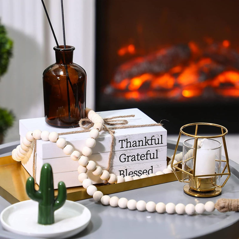 Jetec 3 Pcs Decorative White Faux Books for Home Decor - Farmhouse Stacked Display With Wood Bead Tassels for Coffee Tables, 58 in (Thankful, Grateful, Blessed)